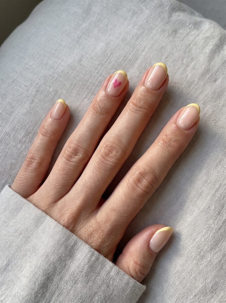 Yellow French tips with pink hearts