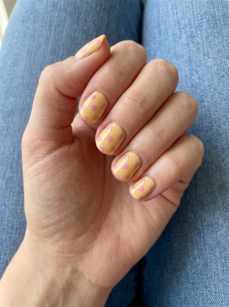 Yellow base pink polka dot nails