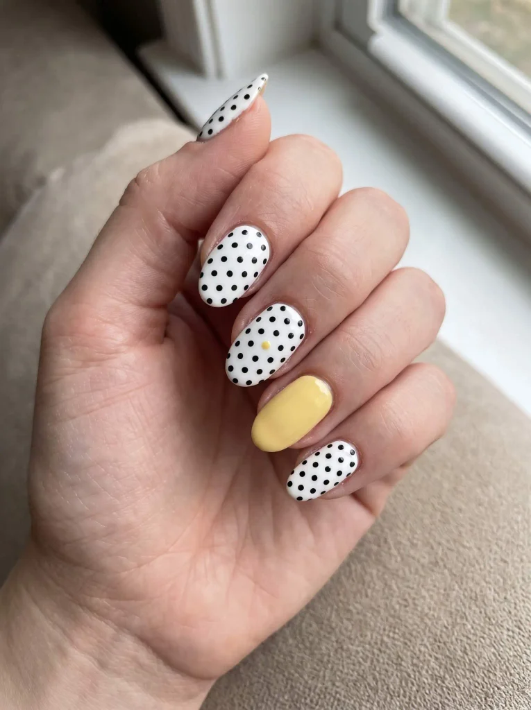 Yellow black and white polka dot nails