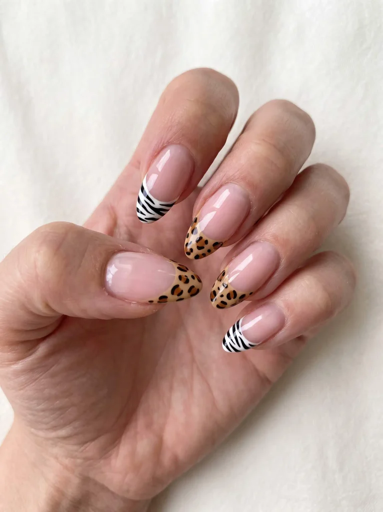 Zebra and Cheetah French Tip Nails