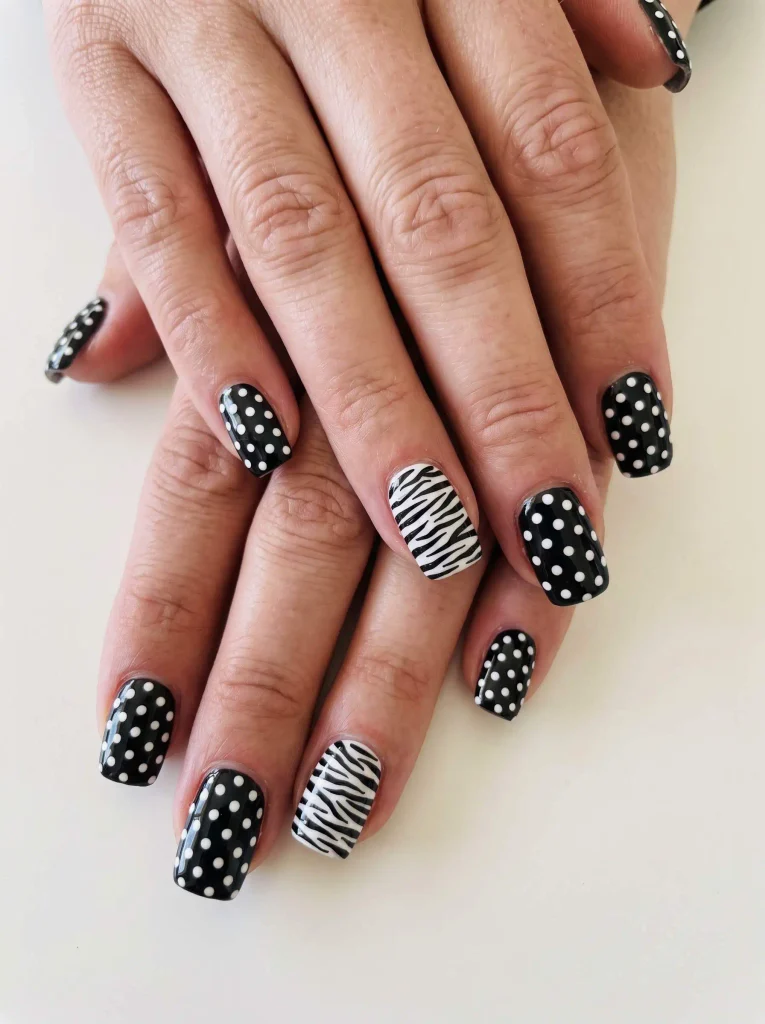 Zebra black and white polka dot nails
