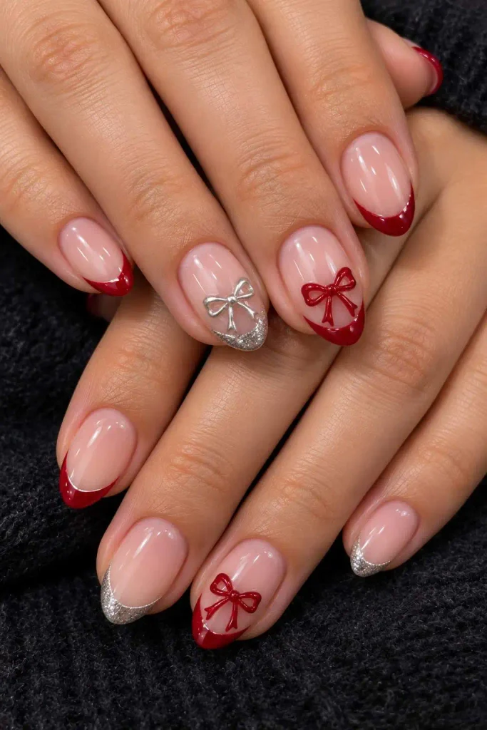 3D Bow Short Christmas Nails
