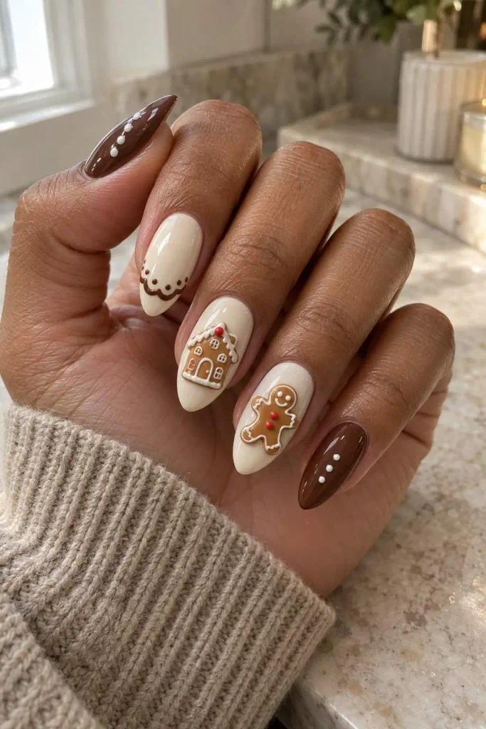 3D Gingerbread Christmas Almond Nails