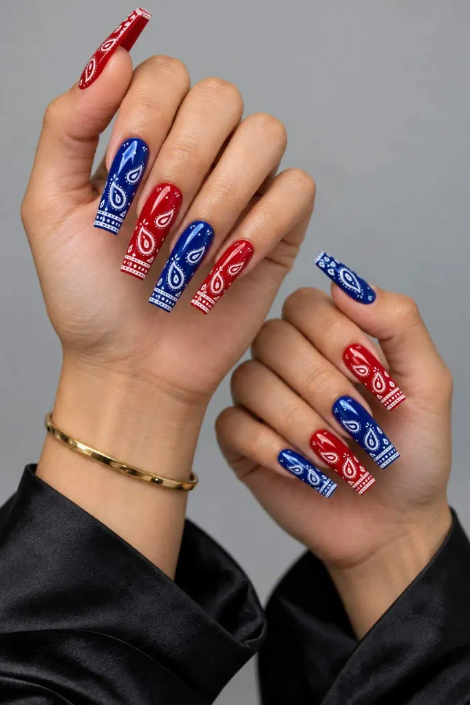 Bandana Nails Acrylic Coffin Paisley