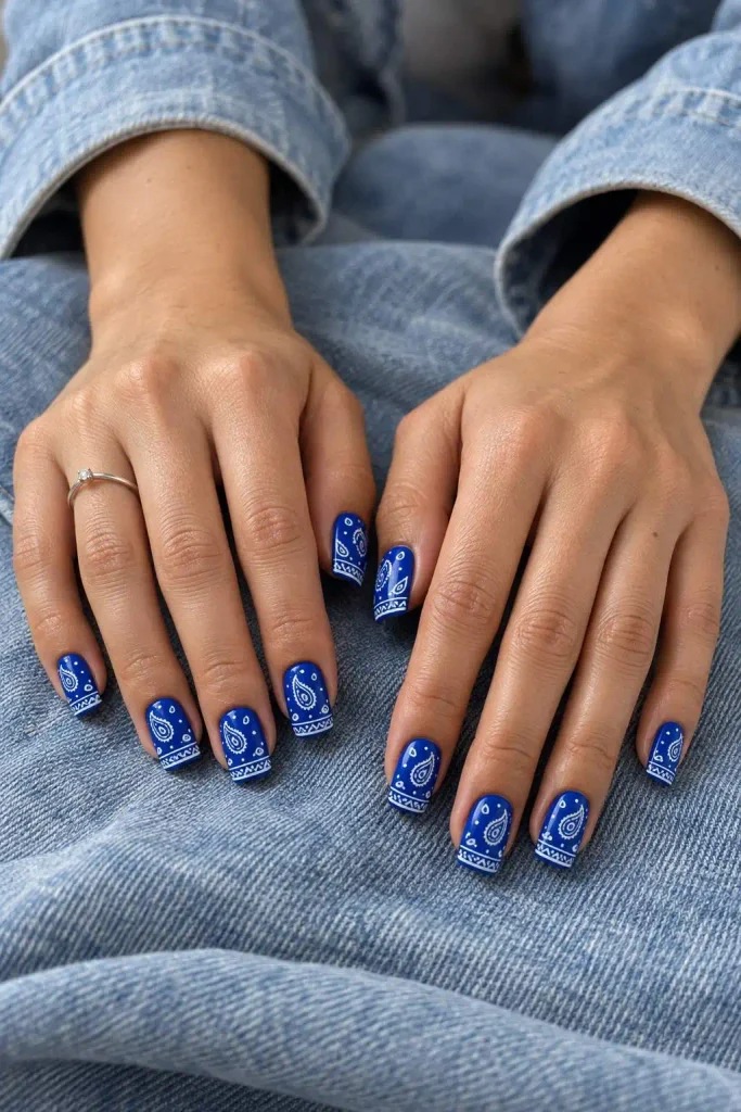 Bandana Nails Blue Paisley Teardrops