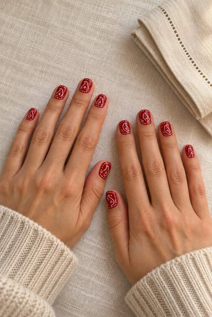 Bandana Nails Red Paisley Teardrops