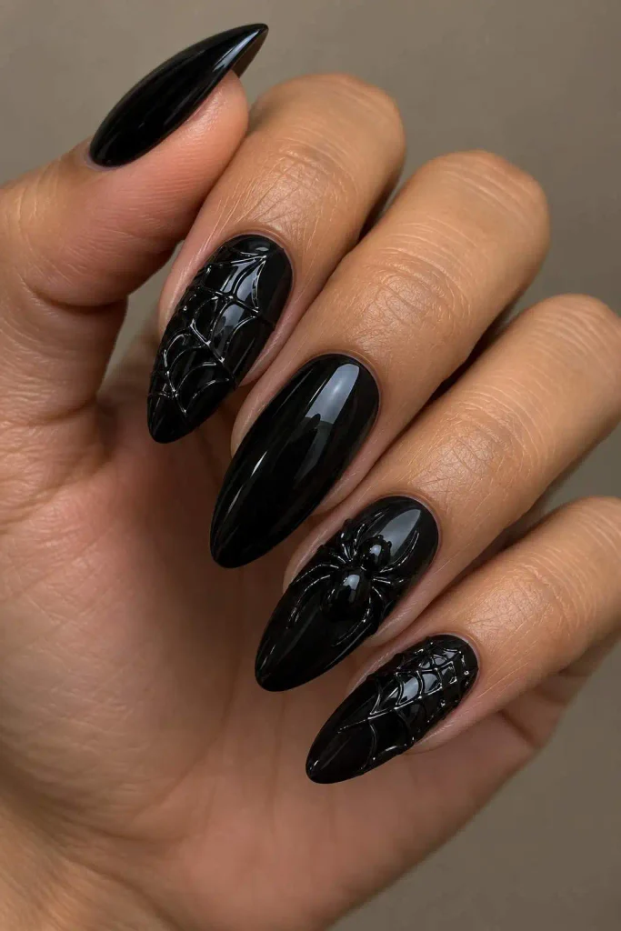 Black 3D Spider Halloween Nails