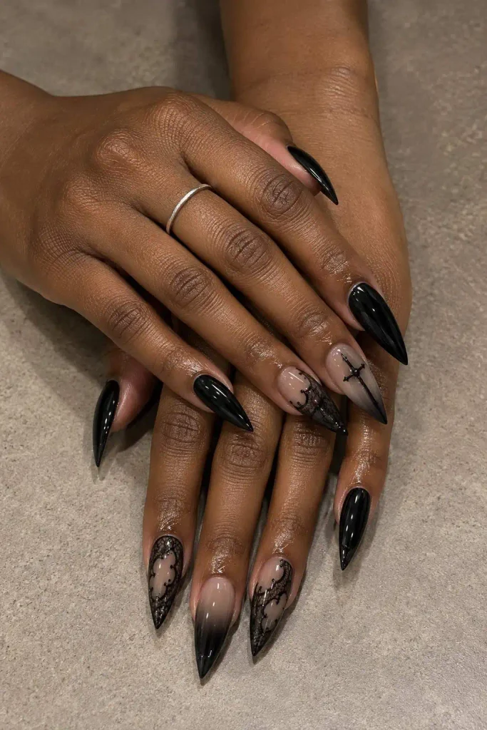 Black Goth Lace Stiletto Nails
