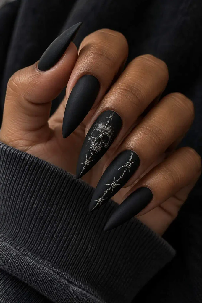 Black Skull Stiletto Nails