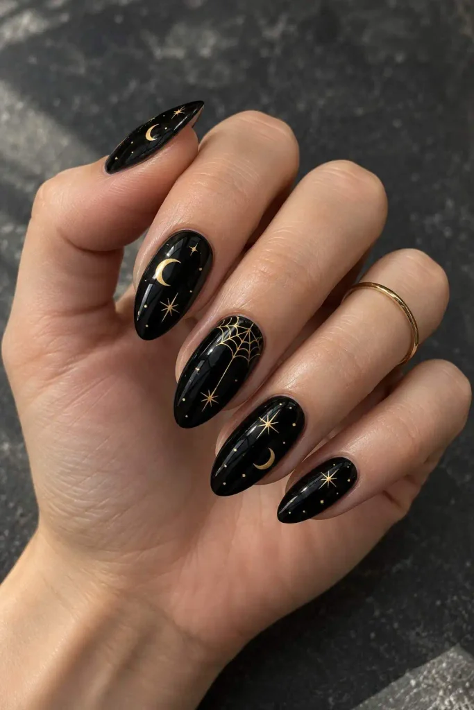 Black and Gold Halloween Nails