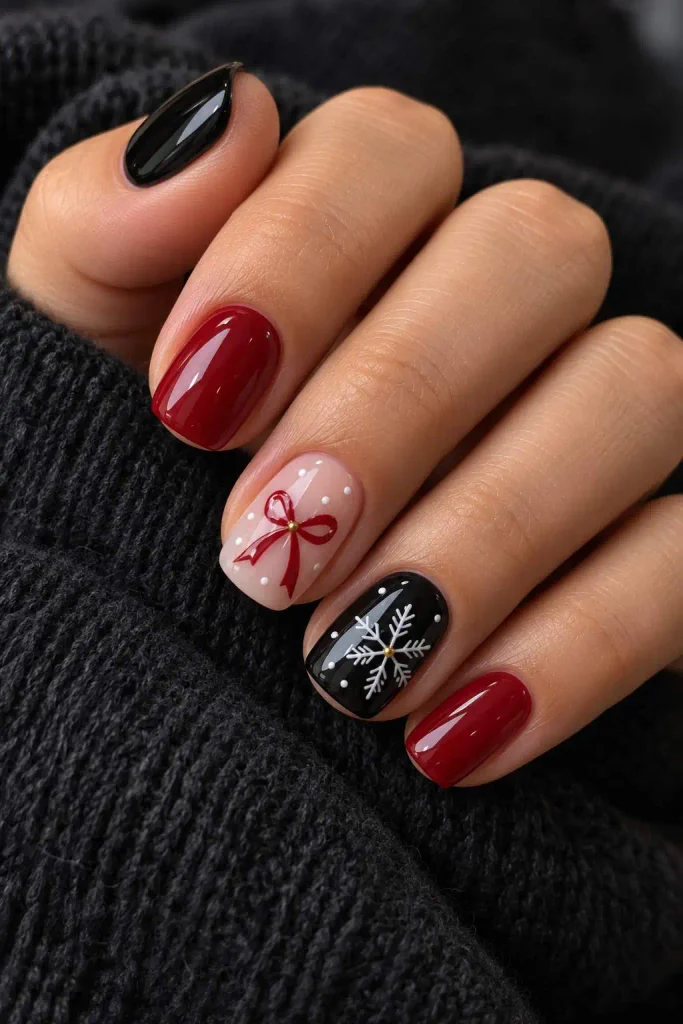 Black and Red Short Christmas Nails