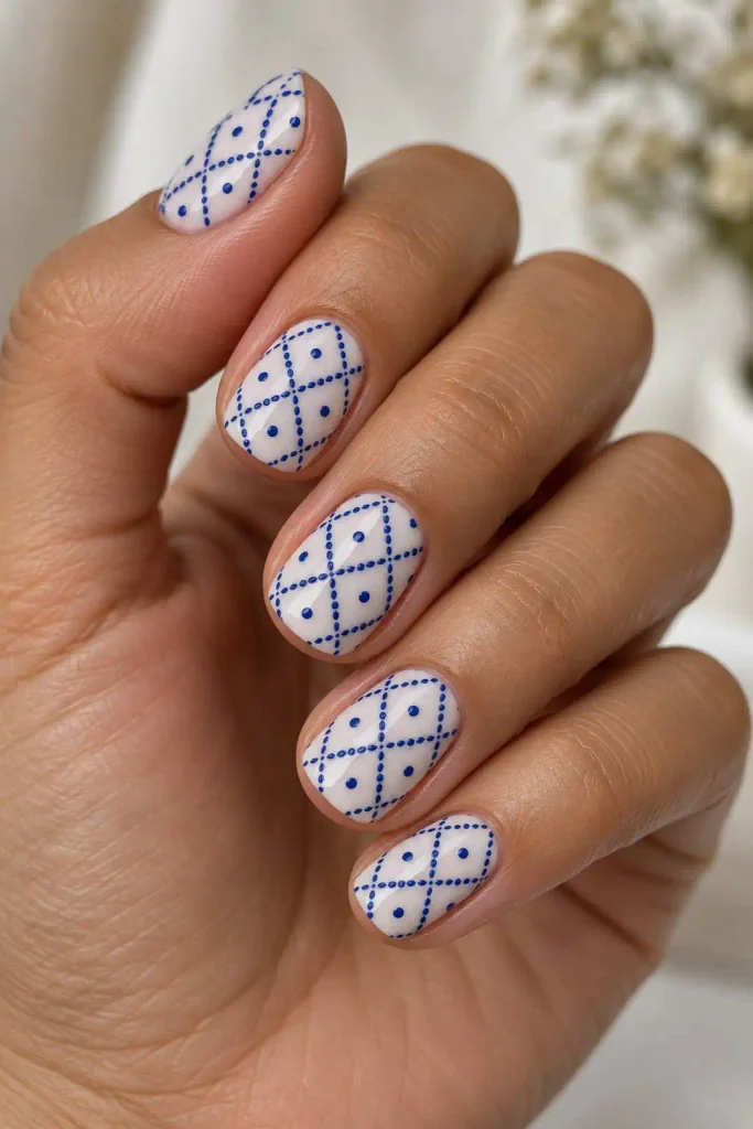 Blue White Stamped Quilt Nails