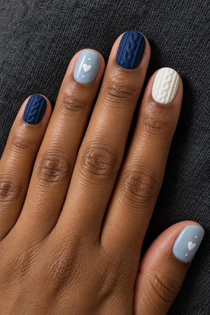 Blue and White Sweater Nails