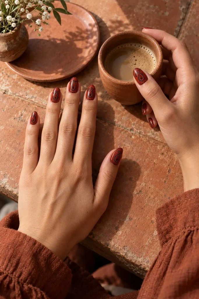 Brick Red Bandana Print Nails