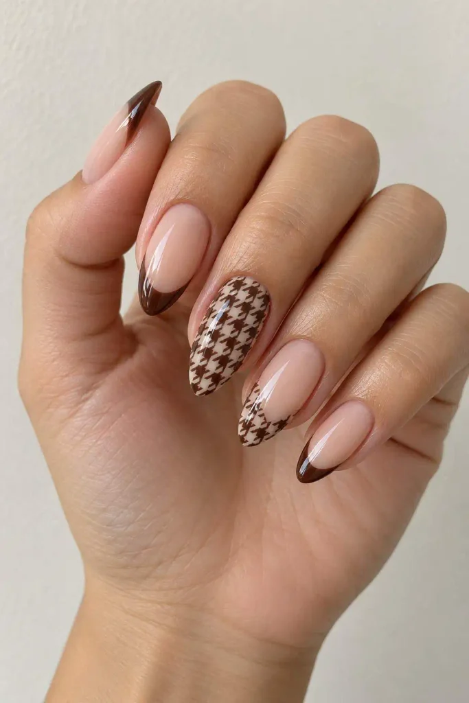 Brown French Tip Houndstooth Nails