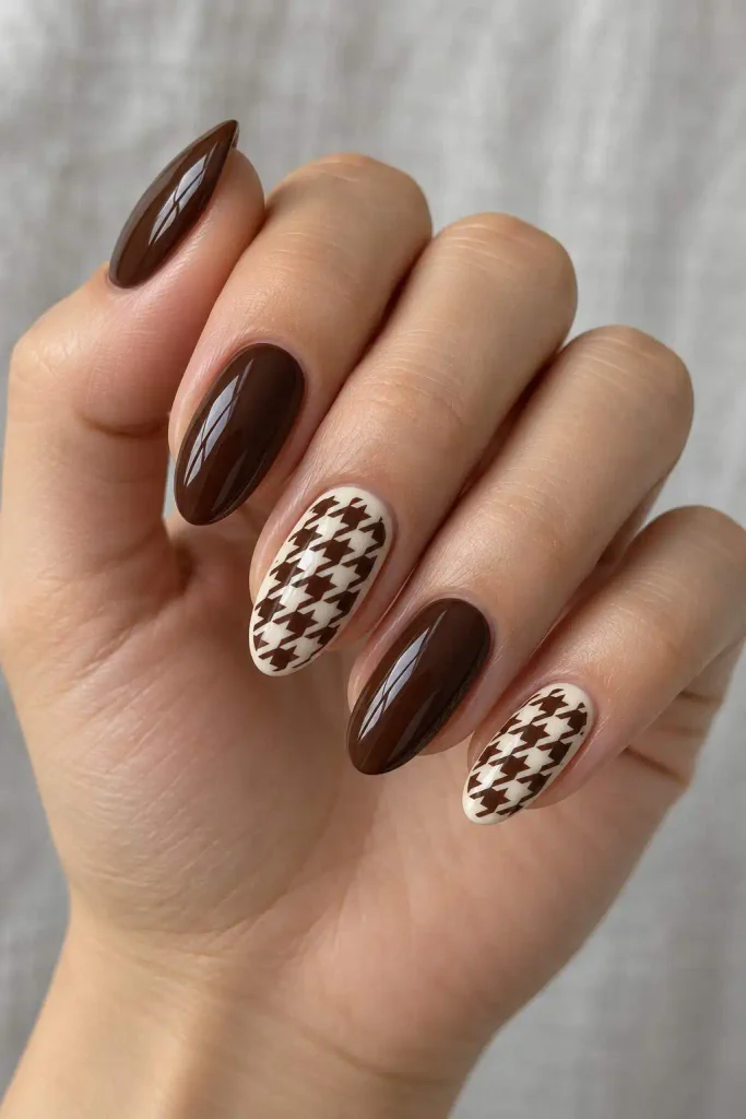 Brown and Cream Houndstooth Nails