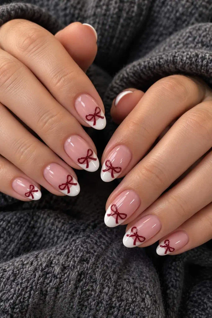 Burgundy Bow Short Christmas Nails