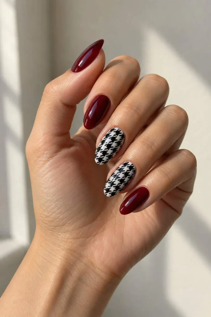 Burgundy Houndstooth Accent Nails