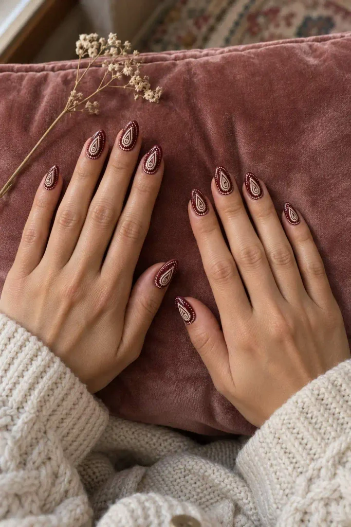 Burgundy Paisley Fabric Border Nails