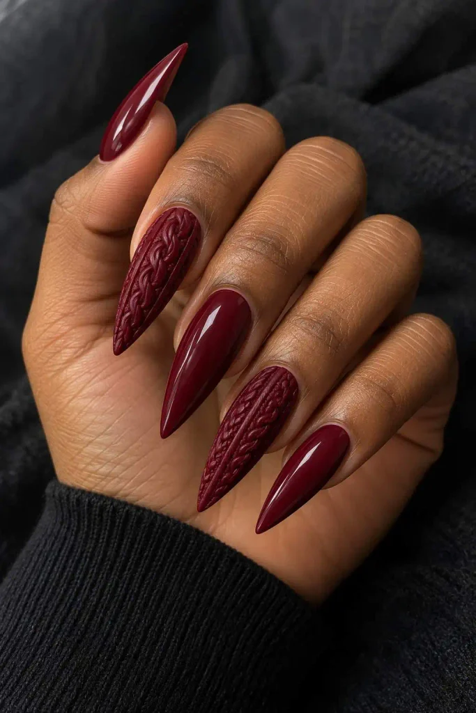 Burgundy Stiletto Sweater Nails