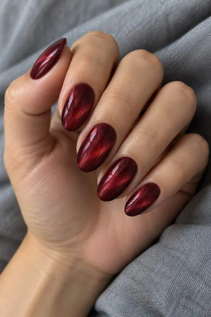 Burgundy Velvet Cat Eye Nails