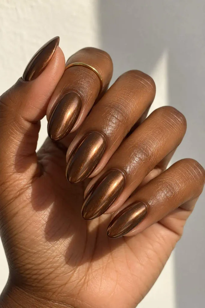 Chocolate Brown Chrome Almond Nails