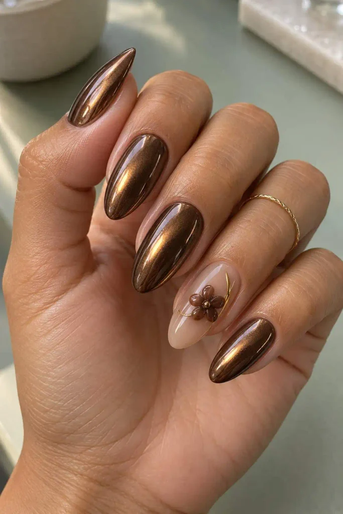 Chocolate Brown Chrome Floral Accent Nails
