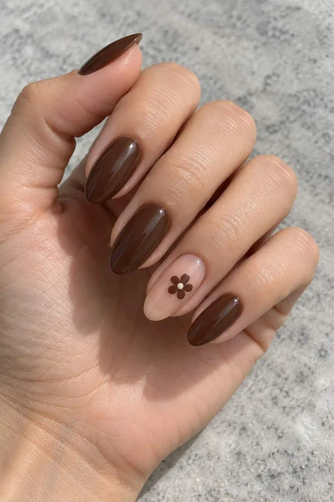 Chocolate Brown Flower Accent Nails