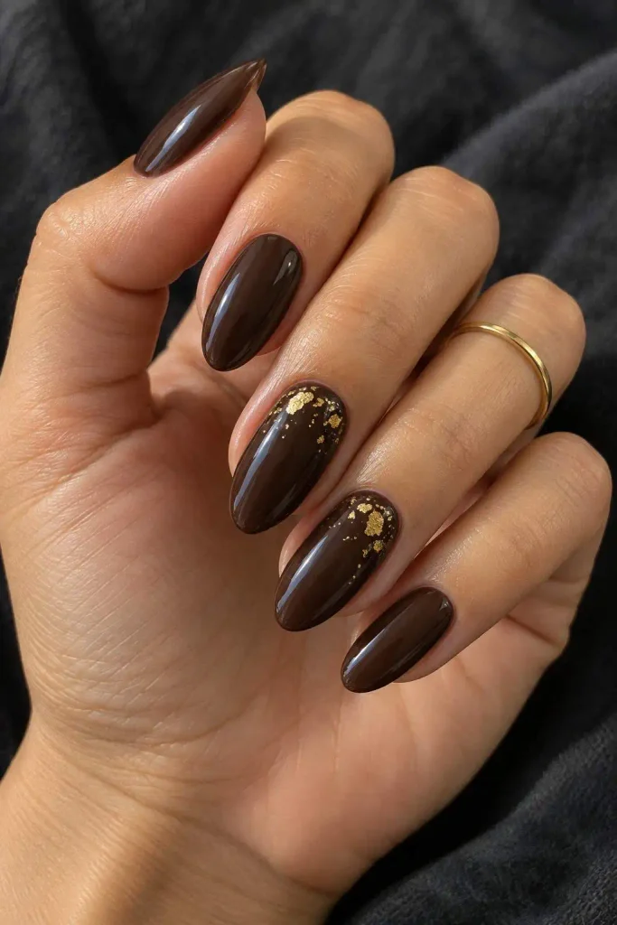 Chocolate Brown Gold Foil Nails