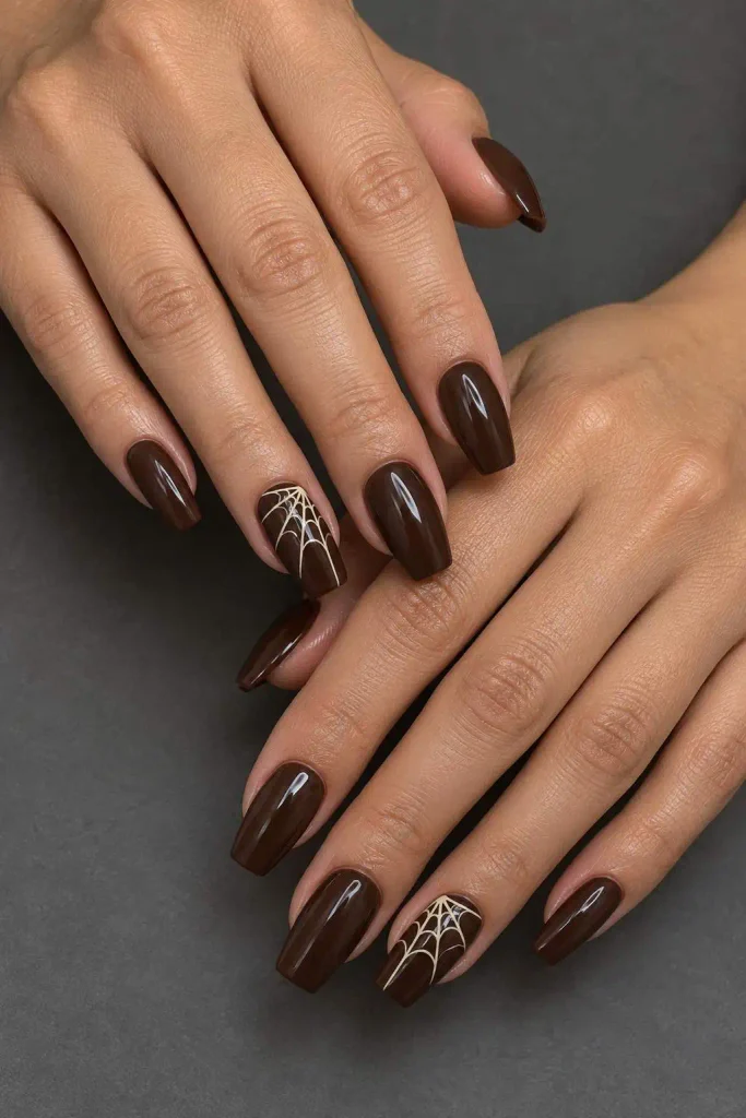 Chocolate Brown Halloween Spiderweb Nails