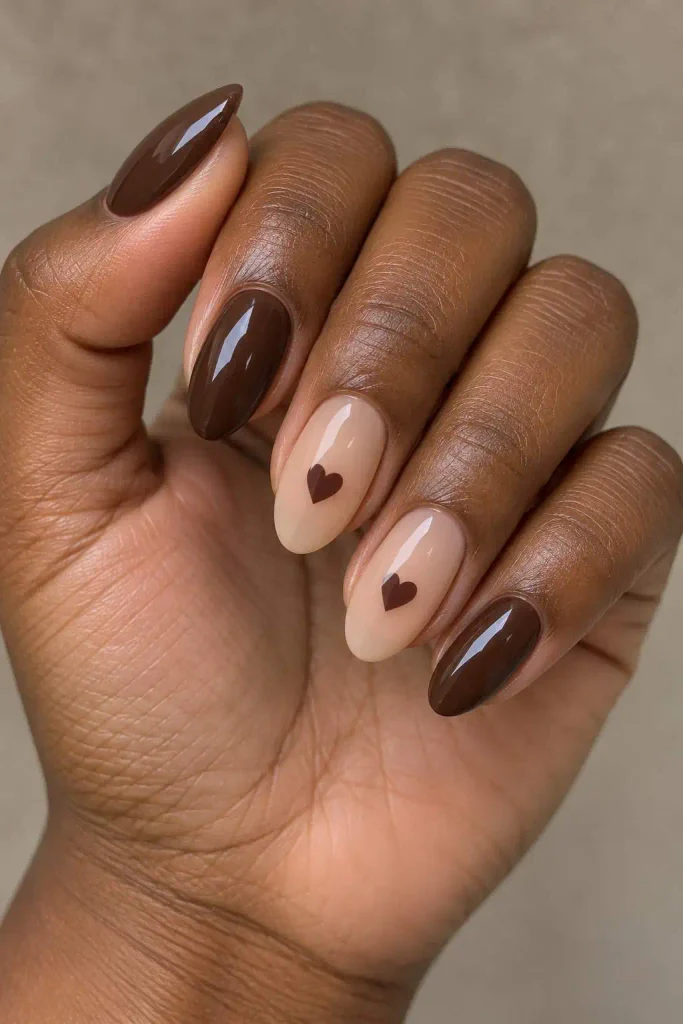 Chocolate Brown Heart Detail Nails