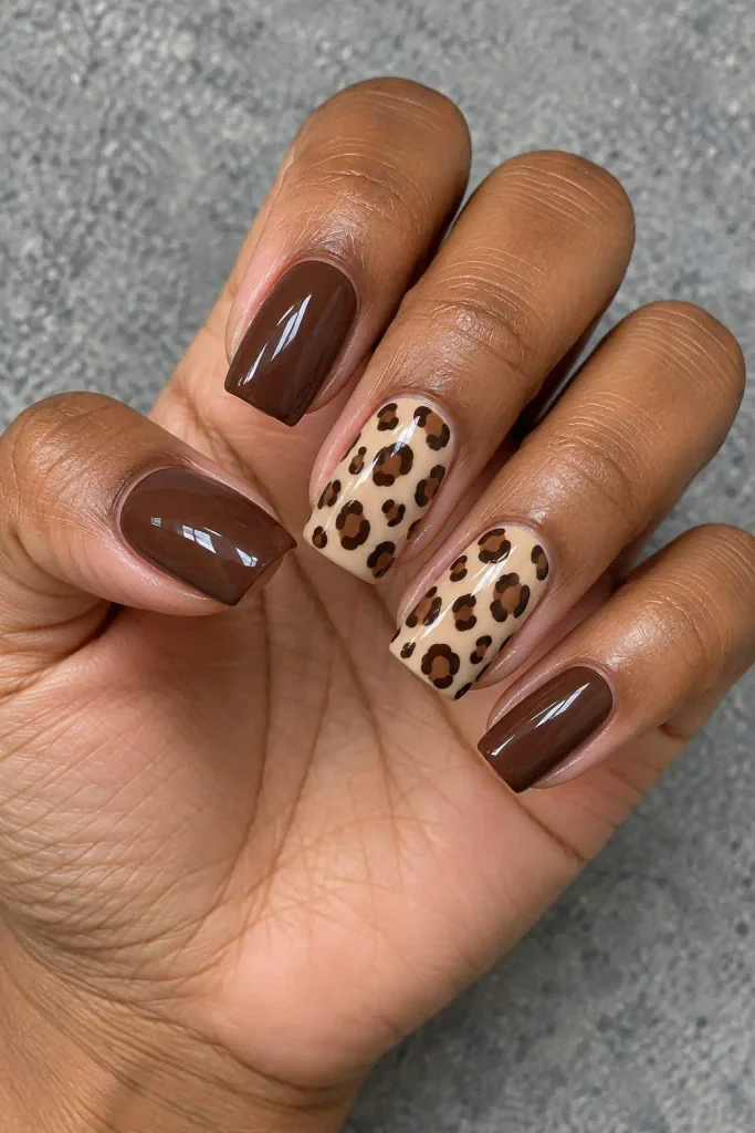 Chocolate Brown Leopard Print Nails
