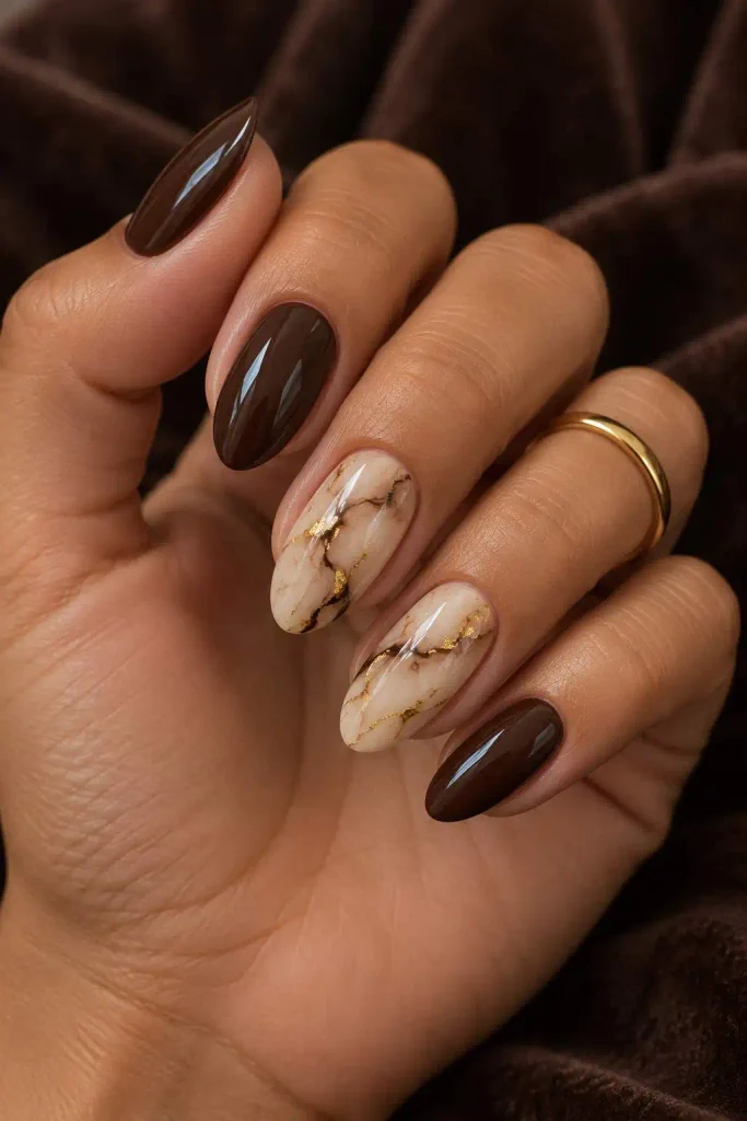 Chocolate Brown Marble Nails With Gold
