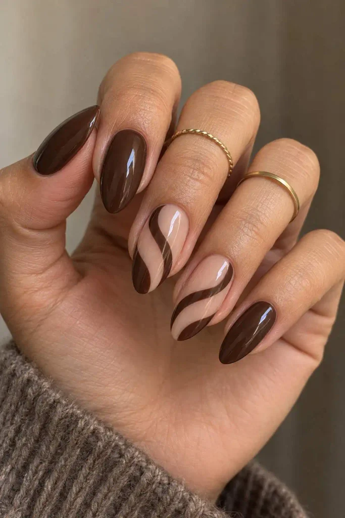 Chocolate Brown Nude Swirl Nails