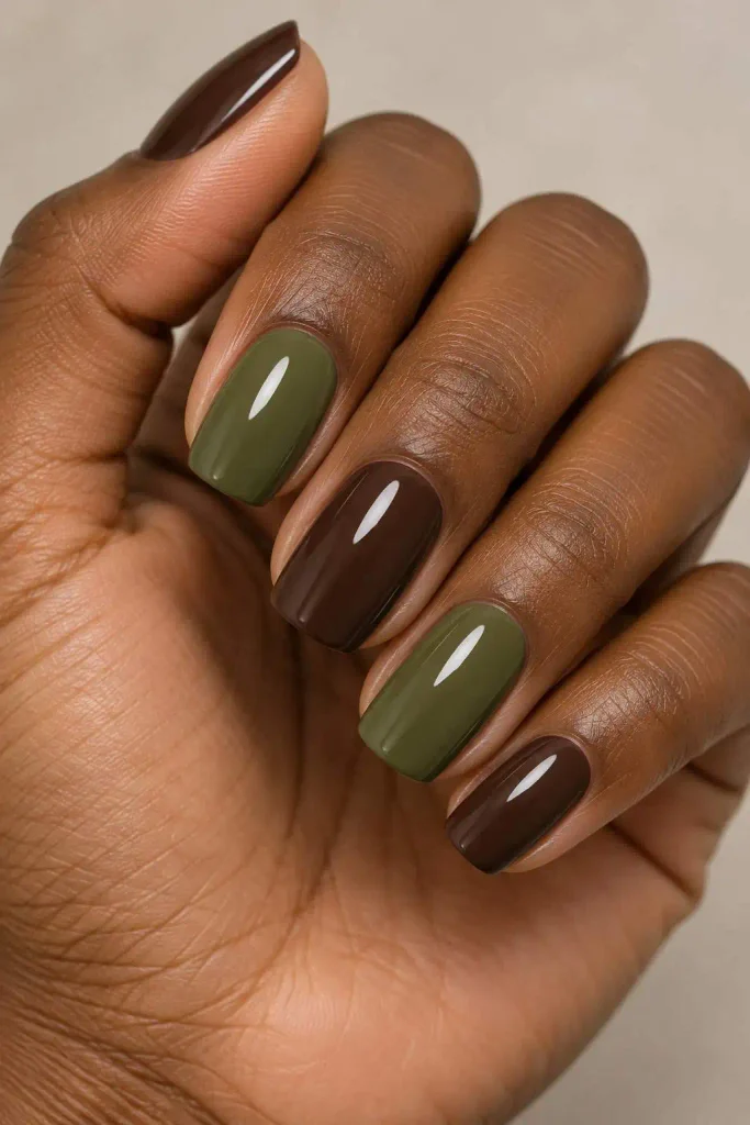 Chocolate Brown Olive Green Nails
