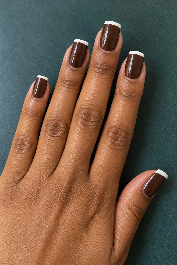 Chocolate Brown White French Tips