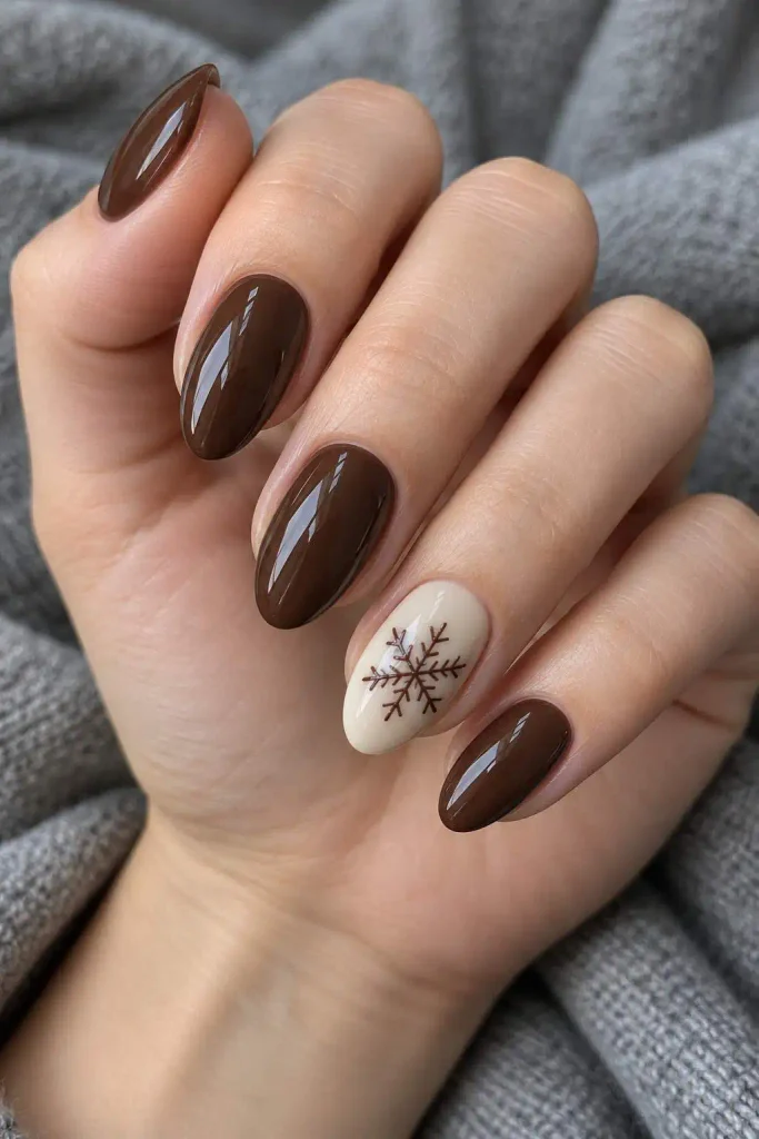 Chocolate Brown Winter Snowflake Nails