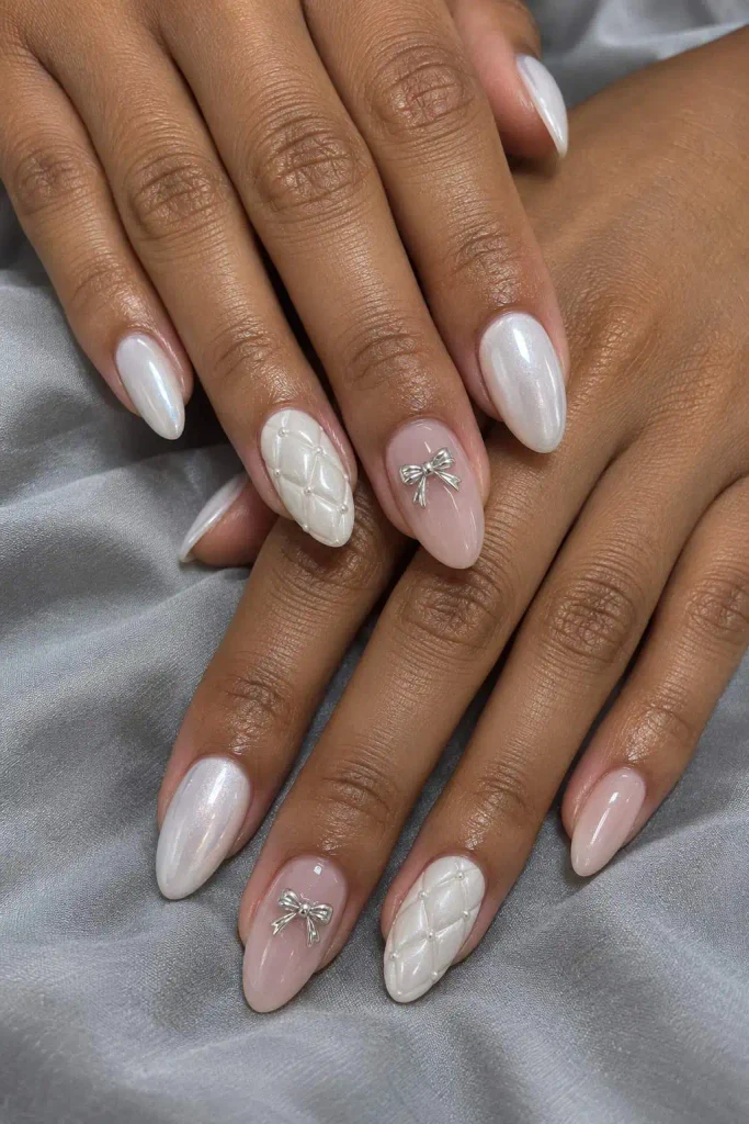 Christmas White Quilted Bow Nails