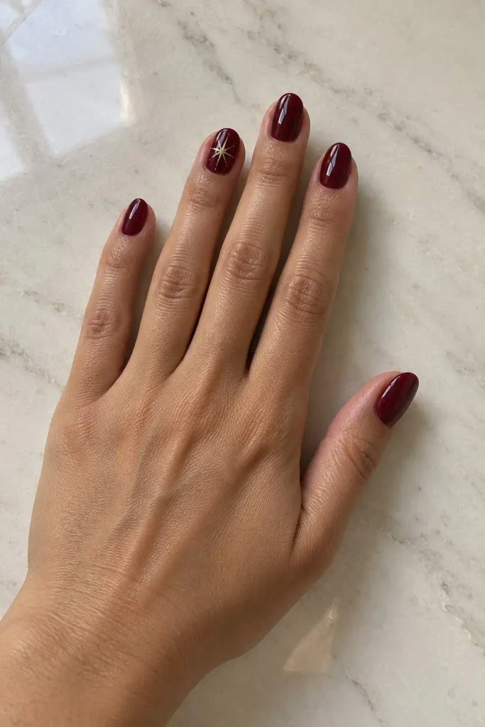 Dark Cherry Gold Star Nails