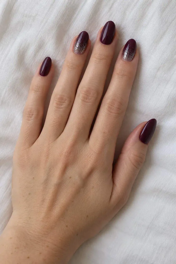 Deep Plum Silver Sparkle Nails