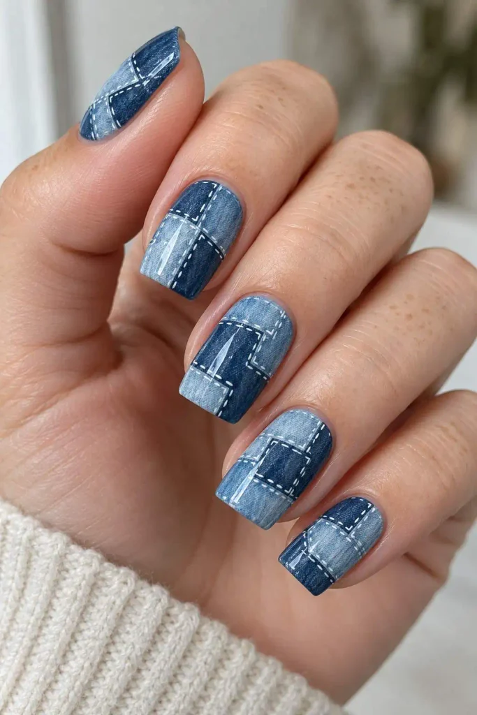 Denim Blue Stitched Patchwork Nails