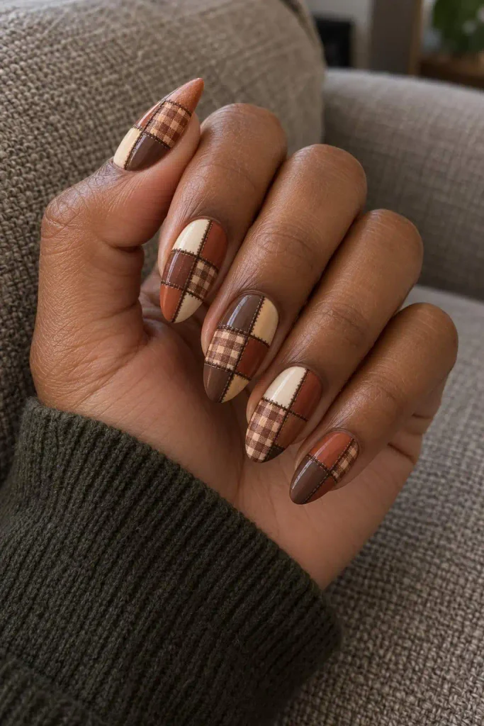 Fall Brown Patchwork Quilt Nails