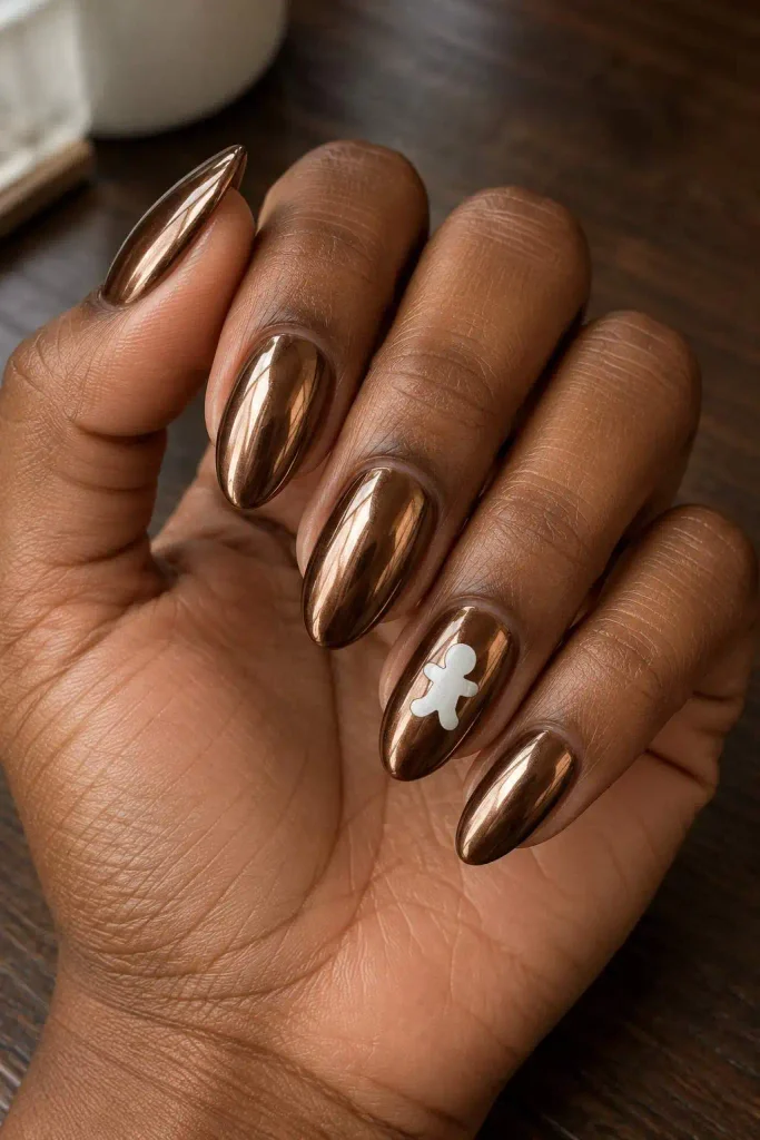 Gingerbread Chrome Christmas Accent Nails