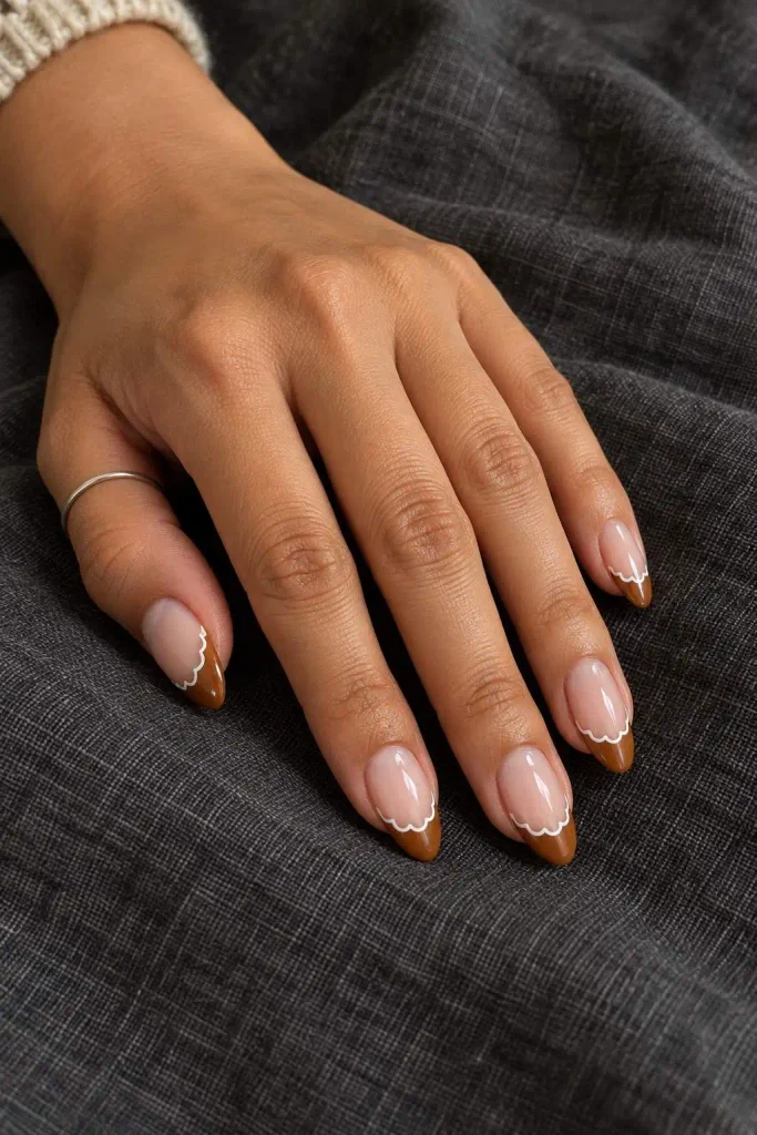 Gingerbread French Tip Almond Nails