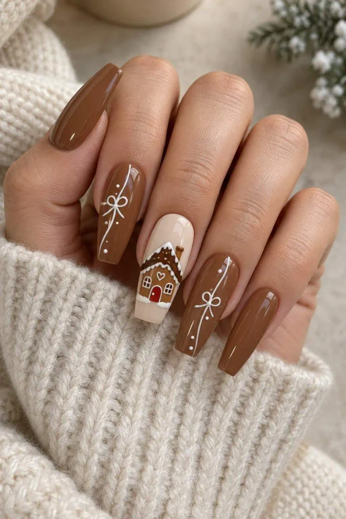 Gingerbread House Christmas Nail Art
