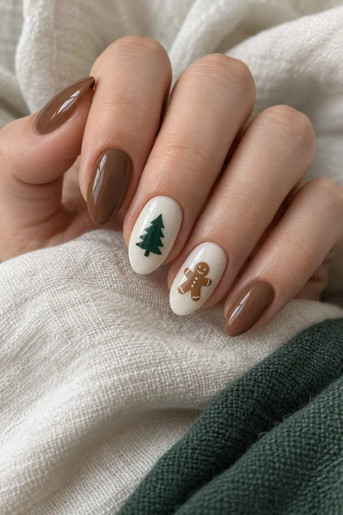 Gingerbread Nails With Green Accents