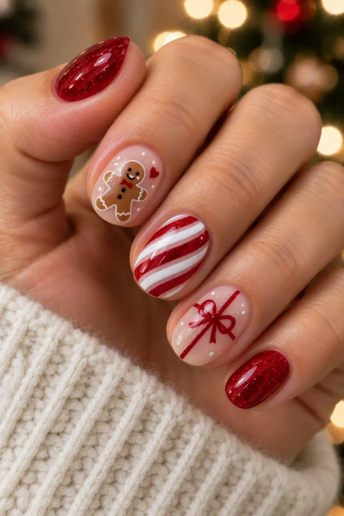 Gingerbread Short Christmas Nail Art