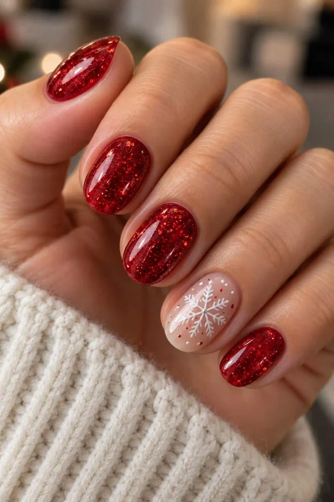 Glitter Red Short Christmas Nails