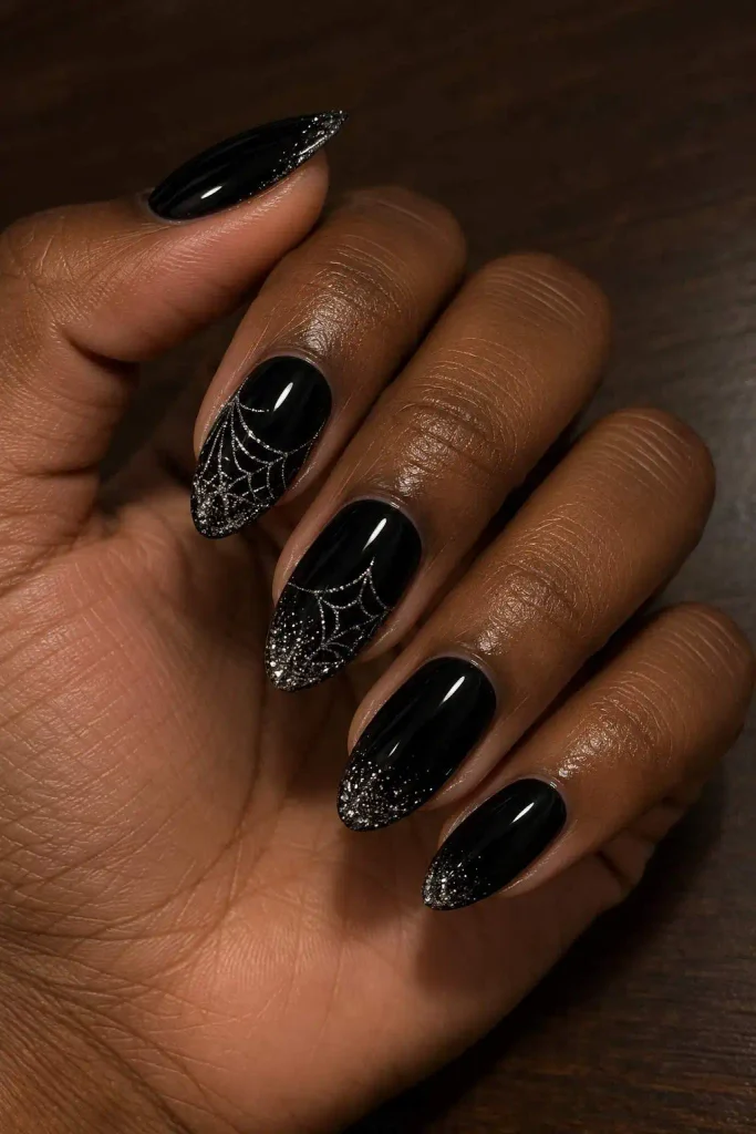 Glittery Cobweb Black Halloween Nails