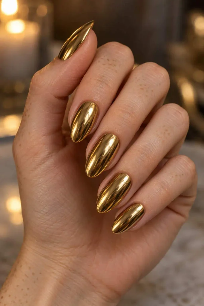 Glossy Gold Chrome New Years Nails